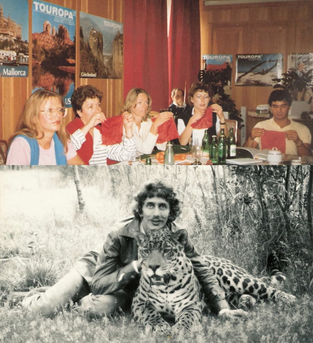 Tony Rei als Reiseleiter von Touropa Austria Tony Rei und sein Jaguar Resa 1982